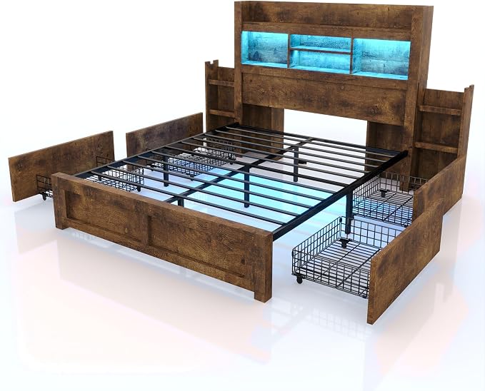 LUXOAK Queen Bed Frame with Storage, Bookcase Headboard, Rustic Brown | 49.6" Headboard, Wood Platform Bed, Charging Station, Bedside Storage, 4 Storage Drawers, No Box Spring Needed, Farmhouse