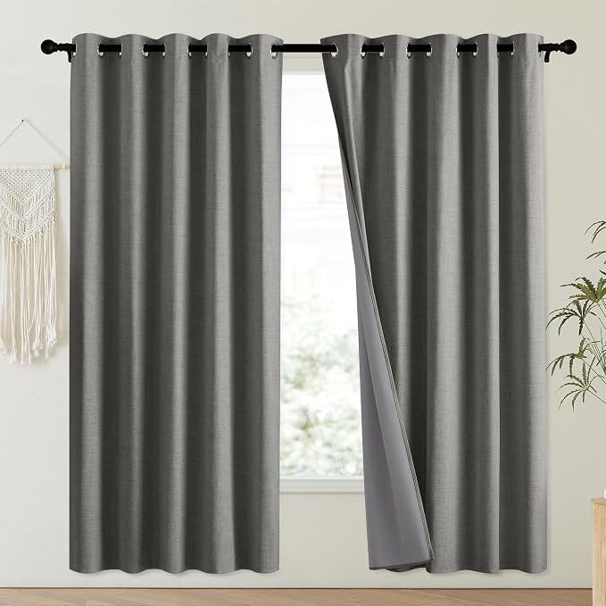 NICETOWN Grizzle Gray Vintage Linen 100% Blackout Curtains for Playroom, Thermal Insulated Curtains 72" Long, Noise Reducing Window Treatment Drapes for Laundry Room, 62" Wide Per Panel, Set of 2