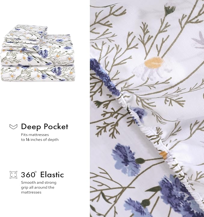 RUVANTI 100% Cotton Percale Sheets Full Size, Sweet Pea | Crisp Cooling, Deep Pocket 16", Soft Breathable & Durable, Hotel-Style, 4 Piece Set