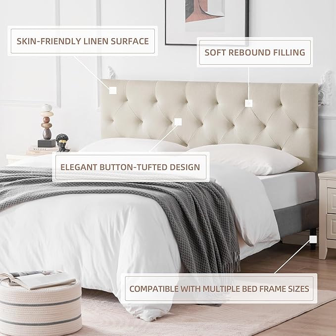 Linen Headboard King Size, Adjustable Height Headboard 37-51 in, Beige | Diamond Tufting Solid Wood King Headboards, Durable Metal Legs, Upholstered King Head Board for Bed Frame, Modern Fabric
