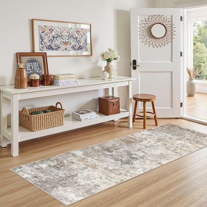 UERMEI 2x6 Washable Runner Rug for Hallway, Non Slip Low Pile Kitchen Carpet, Neutral Modern Abstract Indoor Floor Mat for Entryway Laundry, Kid & Pet Safe High Traffic Area, Brown Grey