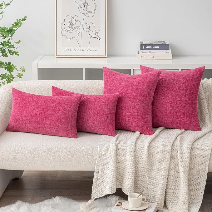 MIULEE Soft Chenille Throw Pillow Covers Hot Pink 20x20 Inch Pack of 2 | Modern Home Decor, Classic Decorative Pillows, Solid Dyed Cases, Boho Couch Cushion Covers for Sofa Bed Living Room