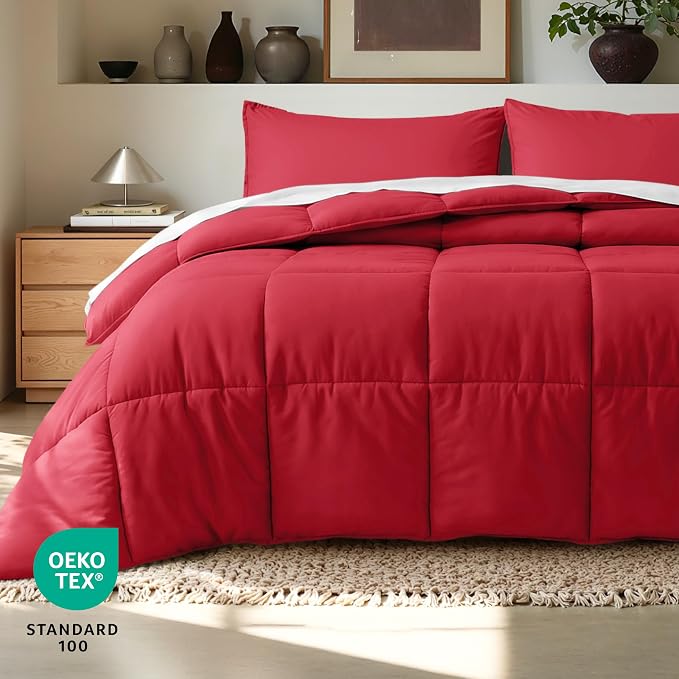 Bare Home Comforter Set - 1800 Ultra Soft (Oversized King, Red) | All-Season, Breathable, Hypoallergenic, Premium 1800, Warm, Cozy