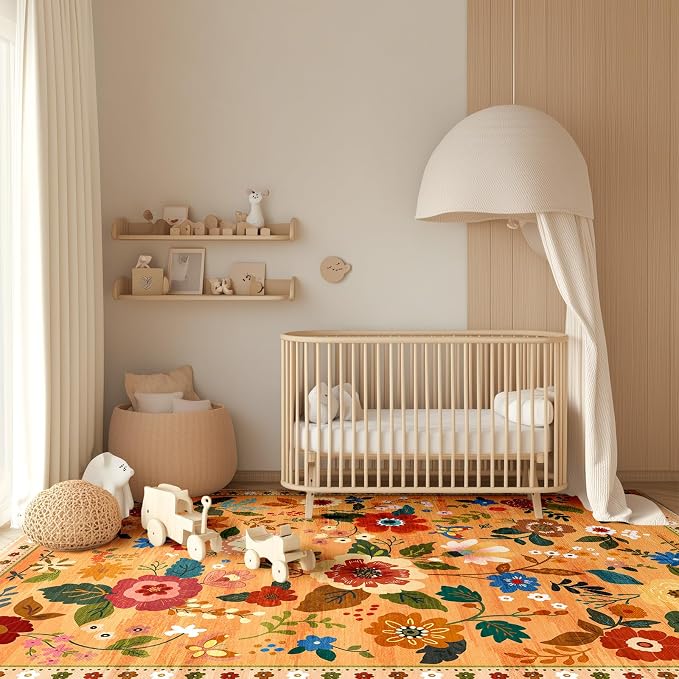 RELEANY Floral Washable 3x5 Area Rugs Orange/Yellow/Red | Flower Carpet, Print, Boho, Non-Slip, Easy to Clean, Soft, Low Pile for Living Room Bedroom Kitchen Office Entryway Hallway