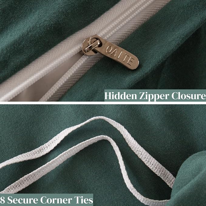OAITE Duvet Cover Set 100% Washed Cotton Solid 3pcs | Soft,Durable,Long-staple Cotton,Hidden Zipper with 8 Interior Corner Ties,2 Pillowcases