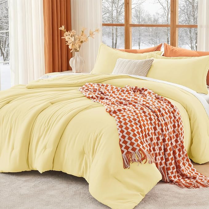 Full Comforter Sets, All Season Ultra Soft Down Alternative Bedding - 3 Piece Lightweight Bed Set Includes 1 Comforter (82"x86") and 2 Pillow Shams (20"x26"), Cream Yellow