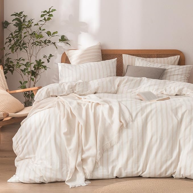 BESTOUCH Striped Cotton Duvet Cover Set Linen Feel Super Queen | 100% Washed Cotton, Soft Wrinkle Texture, Hidden Zipper, 8 Ties, Breathable Lightweight Durable Comfy, 3 Pcs No Insert