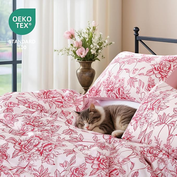 JANZAA Queen Size Comforter Set - Pink Peony Floral Shabby Chic Bedding | 3 Piece Cute Floral Bedding for All Season, 1 Soft Fluffy Breathable Microfiber Comforter Set with 2 Pillowcases