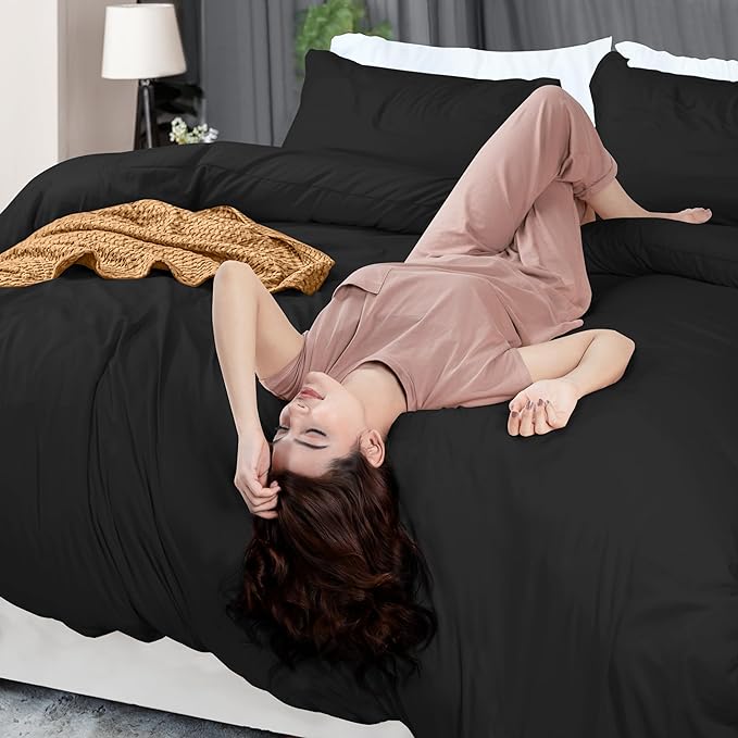Duvet Cover Queen, 3 Piece Cotton Like Polyester With Zipper Closure, Black | Extra Soft and Breathable, Wrinkle & Fade Resistant, Includes Duvet Cover and 2 Pillow Shams, Comforter Not Included, OekoTex
