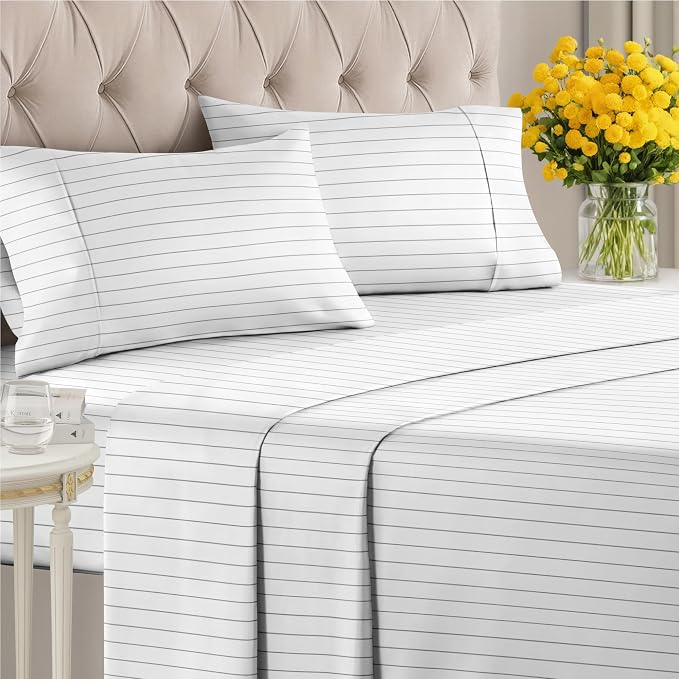 King 4 Piece Striped Sheet Set - Soft, Breathable & Cooling - Grey Stripe | 1 Flat, 1 Fitted & 2 Pillowcases w/ Deep Pockets, Luxury Striped Bedding, Soft, Breathable & Cooling, Wrinkle & Fade Free