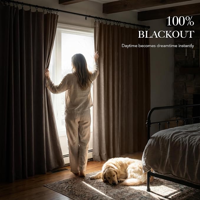RYB HOME Brown 100% Blackout Curtains 96 Inch Long for Living Dining Room | Thermal Insulating Privacy, Energy Saving Linen, Window Theater, For Bedroom Office Nursery Room Dorm, W52 x L96, 2 Panels