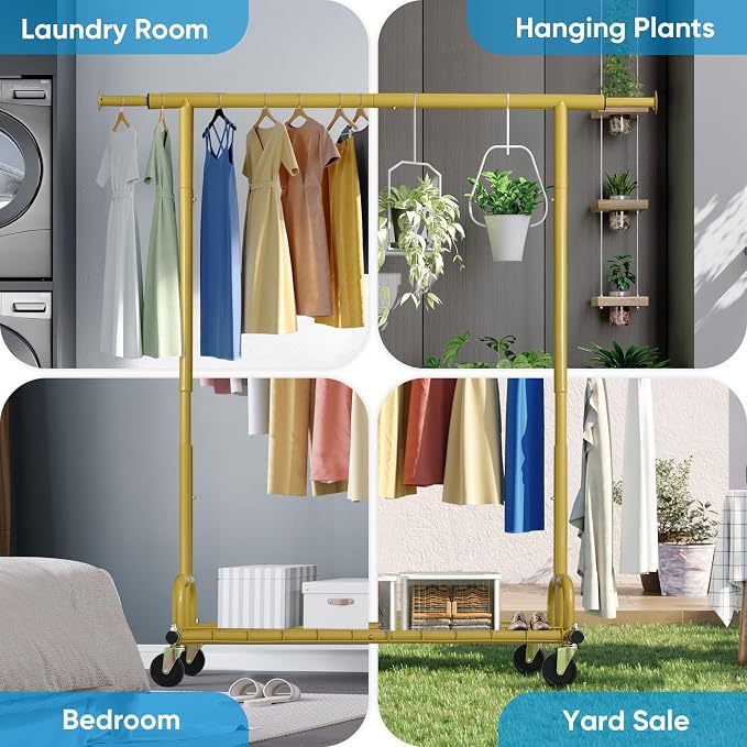 HOKEEPER Clothing Rack Gold Clothes Rack Heavy Duty Garment Rack for Hanging Clothes 525LBS Commercial Clothing Racks with Wheels for Bedroom, Laundry, Balcony, Living Room 22" D x 75" W x 71" H | Adjustable Garment Rack Easy Assemble Commercial Clothi...