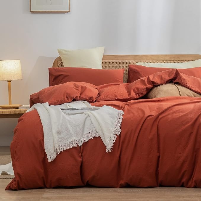 BESTOUCH Cotton Solid Duvet Cover Set Linen Feel Burnt Brick Red Full | 100% Washed Cotton, Soft Wrinkle Texture, Hidden Zipper, 8 Ties, Breathable Lightweight Durable Comfy, 3 Pcs No Insert