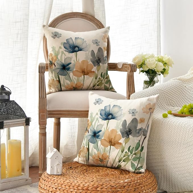 AVOIN colorlife Poppy Chinoiserie Flowers Pillow Covers 18x18 Inch Set of 2 | Light Brown Blue Seasonal Leaves Cushion Case Decoration for Sofa Couch Farmhouse