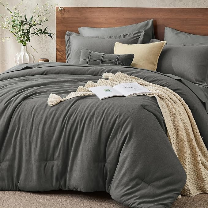 JOLLYVOGUE Dark Grey Queen Comforter Set, Cationic Dyeing Bed in a Bag Queen 7 Pieces, Double-Tone Bedding Set with Down Alternative Comforter, Sheets, Pillowcases & Shams