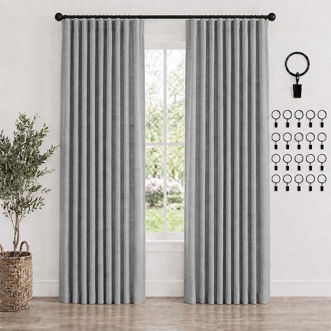 Deconovo 100% Blackout Curtains for Bedroom, Linen Textured Thermal Insulated Drapes with 20 Clip Rings, Noise Reducing Curtains for Nursery, Set of 2, Grey, 52" W x 72" L, 2 Panels