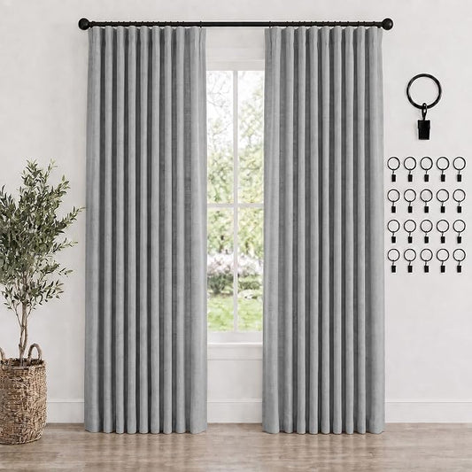 Deconovo 100% Blackout Curtains for Bedroom, Linen Textured Thermal Insulated Drapes with 20 Clip Rings, Noise Reducing Curtains for Nursery, Set of 2, Grey, 52" W x 84" L, 2 Panels