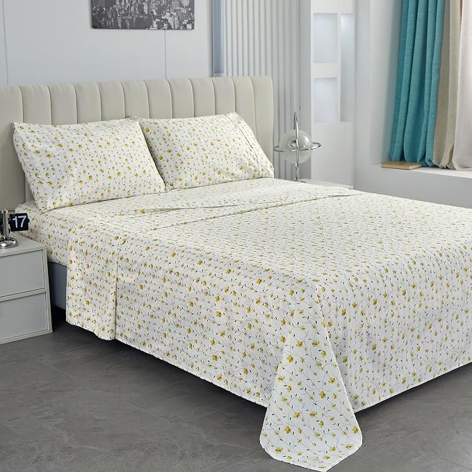Softan Yellow Floral Twin Size Sheet Set, 3-Piece Microfiber Fitted Bed Sheet with 15" Deep Pockets & Non-Slip Straps, Kids Girls Flower Patterned Bed Sheet & Pillowcase Set
