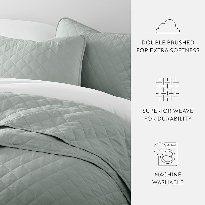 Merit Linens Modern Quilt Coverlet Soft Set in Diamond Stitching - Twin/TwinXL Eucalyptus