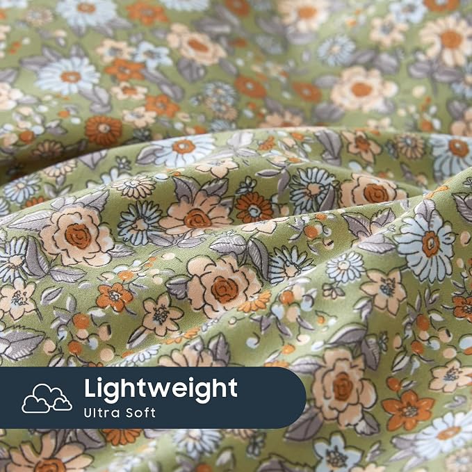 Wake In Cloud - Floral Duvet Cover Set, Cute Vintage Flower Cottagecore Aesthetic for Women Teen Girls, Soft Lightweight Bedding, 3-Piece, Olive Green, Twin/Twin XL Size