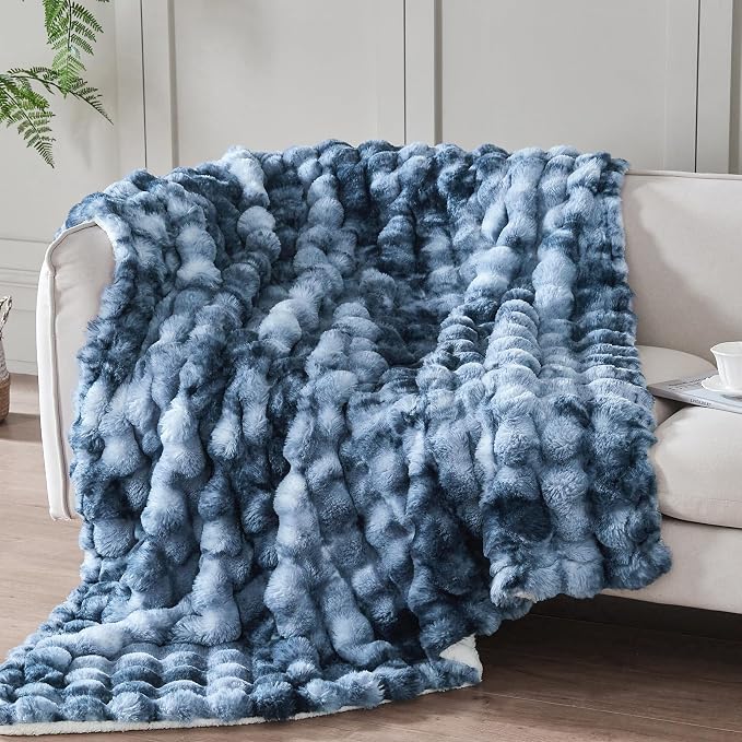 50x60 Inches Ultra-Soft Fuzzy Faux Fur Plush Throw Blanket - Thick, Warm Sherpa for Couch, Sofa, Bedroom, Camping - Decorative Blanket for Cozy Warmth, Bubble Dark Blue Tie Dye