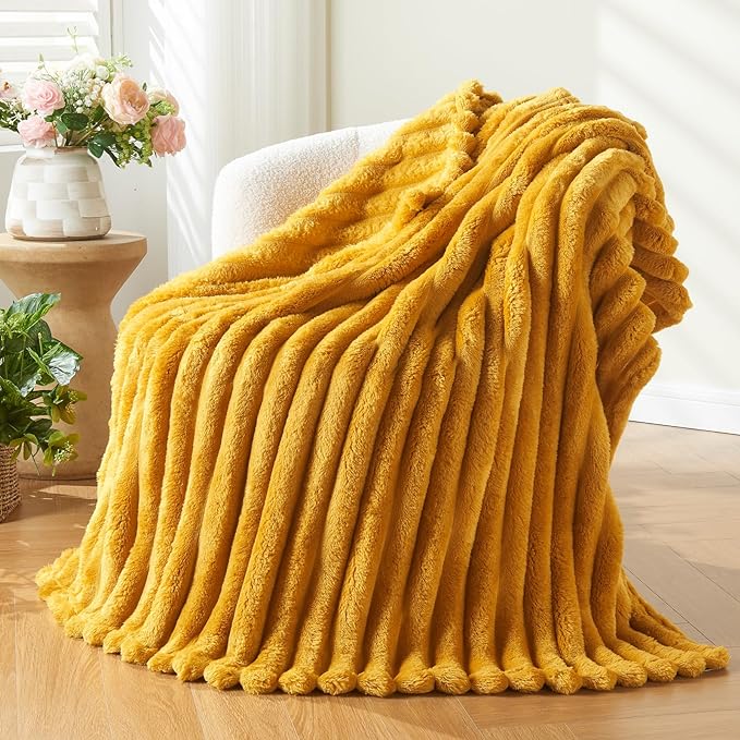 NEWCOSPLAY Fleece Ribbed Cozy Throw Blanket for Couch, Yellow, 50"x60" | Premium Silky Flannel Blanket, Soft Lightweight Fluffy Throw Blanket for Bed Sofa Decor, Gift for All Season Use
