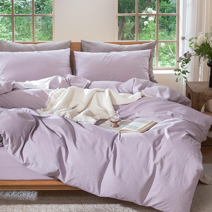 MooMee Duvet Cover Set 100% Washed Cotton Linen Like Queen | Relaxed Linen-like Texture. Soft, Breathable & Long-lasting Comfort. Lightweight. Hidden Zipper with 8 Interior Corner Ties