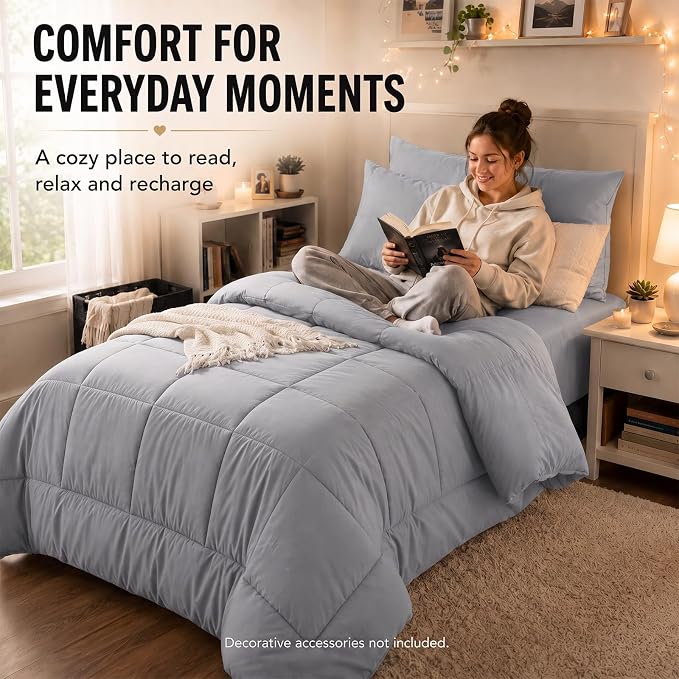 Twin XL Comforter Set Grey - 5 Pieces Twin XL Bed in a Bag | College Dorm Essentials, OEKO-TEX Certified, All Season, Down-Alternative Comforter + Flat & Fitted Sheets + 2 Pillowcases