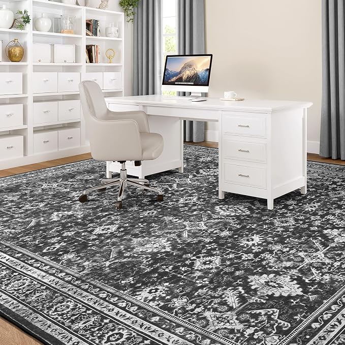 9x12 Area Rugs for Living Room, Black Washable Non-Slip Large Carpet | Soft Area Rug for Bedroom Dining Room Home Office Indoor Nursery, Stain Resistant, Low Pile, Vintage Boho Distressed Rug
