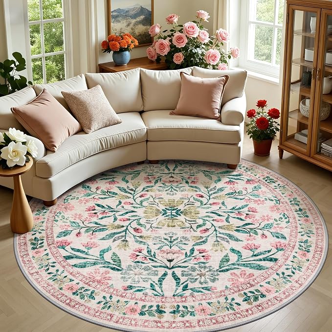 PLHXFR Round Area Rug Living Room: 8 ft Floral Washable Carpet Pink Green | For Bedroom Dining Room Farmhouse Nursery Hallway,Vintage Floral,Machine washable,Non Slip,Stain Resistant,Large Indoor