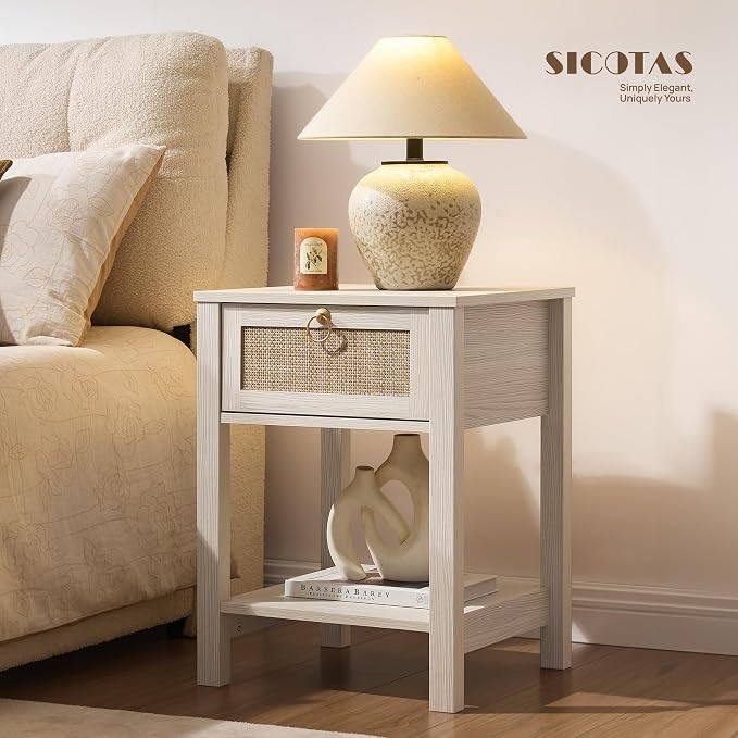 SICOTAS White Rattan Nightstand Set of 2 with Storage Shelf, Bedside Tables | Night Stand Set of 2 with Rattan Drawer, Boho End Tables with Storage for Bedroom, Guest Room, Apartment, and Small Spaces