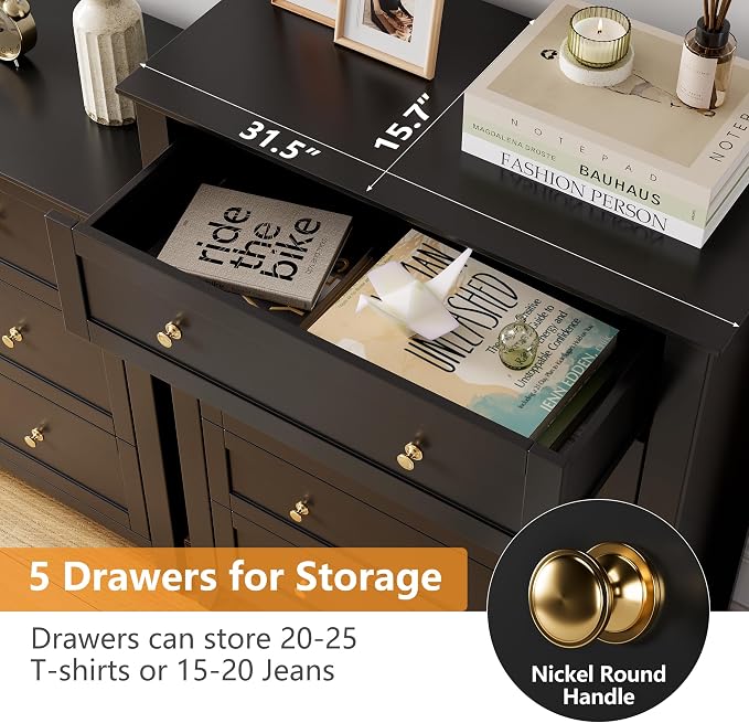 Garvee Black 5-Drawer Dresser for Bedroom, 42.7"H Storage Drawers Organizer | Modern Lacquered Chest of Drawers, 15.8"D x 31.5"W x 42.7"H, Storage Dresser with Deep Drawers for Home Office