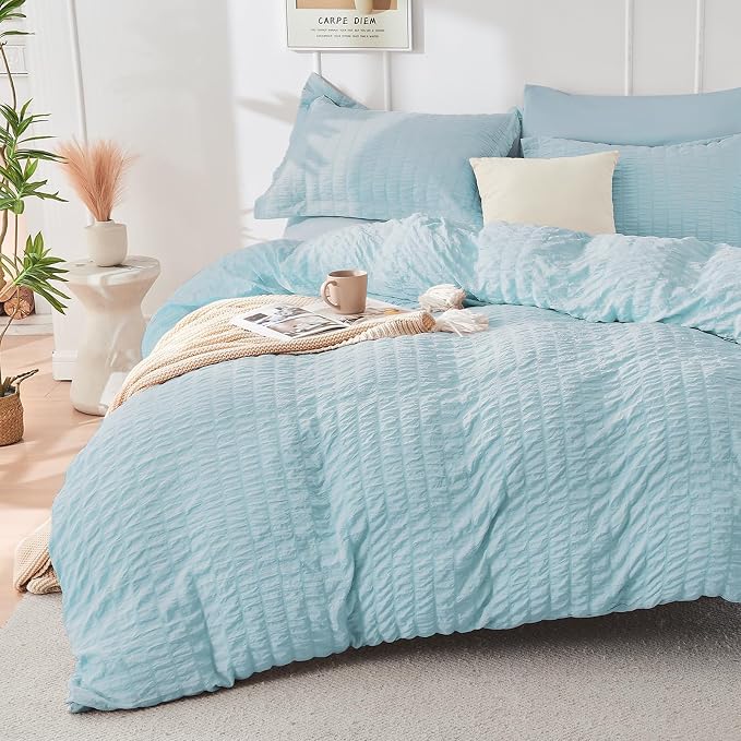 HYMOKEGE Lake Blue California King Comforter Set Seersucker 7 Pieces, All Season Luxury Bed in a Bag for Bedroom, Bedding Set with Comforters, Sheets, Pillowcases & Shams