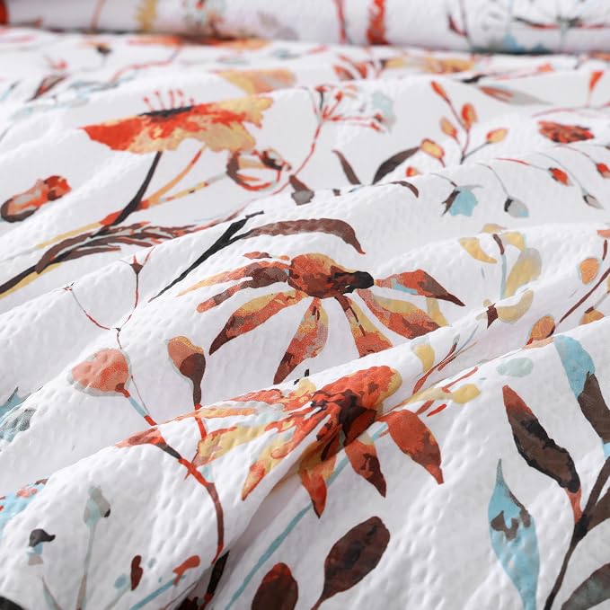 Full Size Comforter Sets - 7 Pieces Floral Bed in a Bag Full Bedding Set | Terracotta Botanical Texture Flowers Comforter Set with Sheets, Pillowcases & Shams for All Seasons