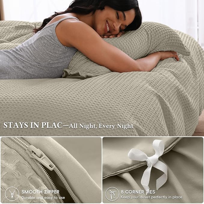 David's Home Textured Waffle Weave Duvet Cover Set, Twin Size, Taupe | Breathable Cozy for All Season, 300GSM, 2PCS Home Bedding Decor, OEKO-TEX Certified, Hidden Zipper, 6 Corner Ties, 68" X 90"