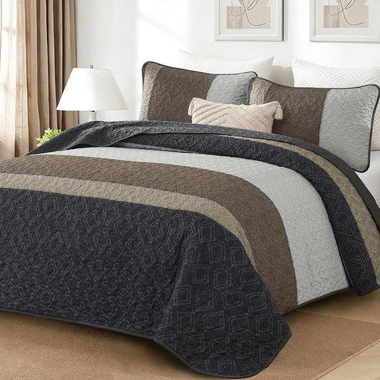 Cottolester Quilts Queen Size,Grey Brown Striped Bedspread Coverlet Set | Modern Boho Style,Striped Plaid Design,Ultra Soft Lightweight Microfiber Quilted Bedding Sets for All Seasons 96"x90"