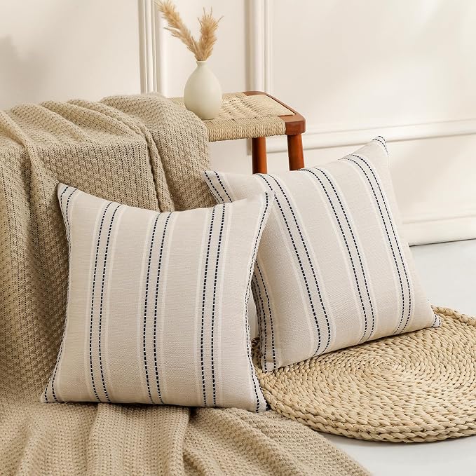Hckot Black Striped Throw Pillow Covers 16x16 Set of 2 Accent Pillow Cover | Textured Linen Decorative Pillowcase Square Cushion Covers for Couch Sofa Bed Living Room Boho Farmhouse Home Decor