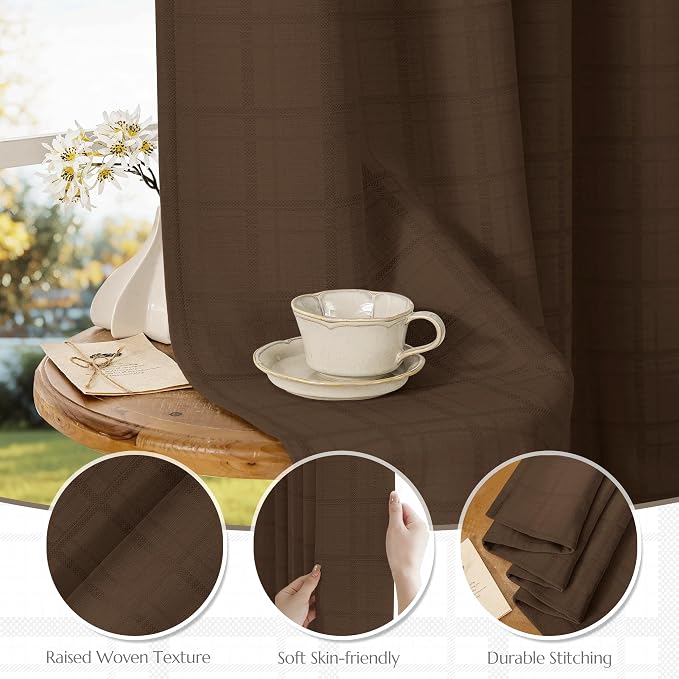 Beauoop Brown Plaid Jacquard Blackout Curtains for Bedroom 52x84 2 Panels | Gingham Checkered Room Darkening Drapes for Living Room 84 Inch Long Thermal Insulated Soundproof Window treatment Grommet