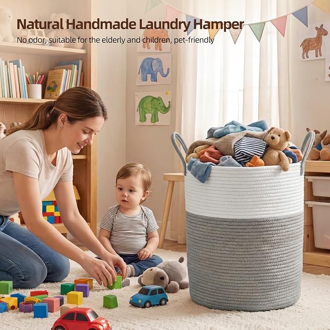 OIAHOMY 60L Nursery Hamper Laundry Basket Laundry Hamper Grey/White | collapsible Blanket Basket Cotton Rope Woven Basket Dirty Clothes Hamper Baby Hamper Tall Clothes Hamper with Handles