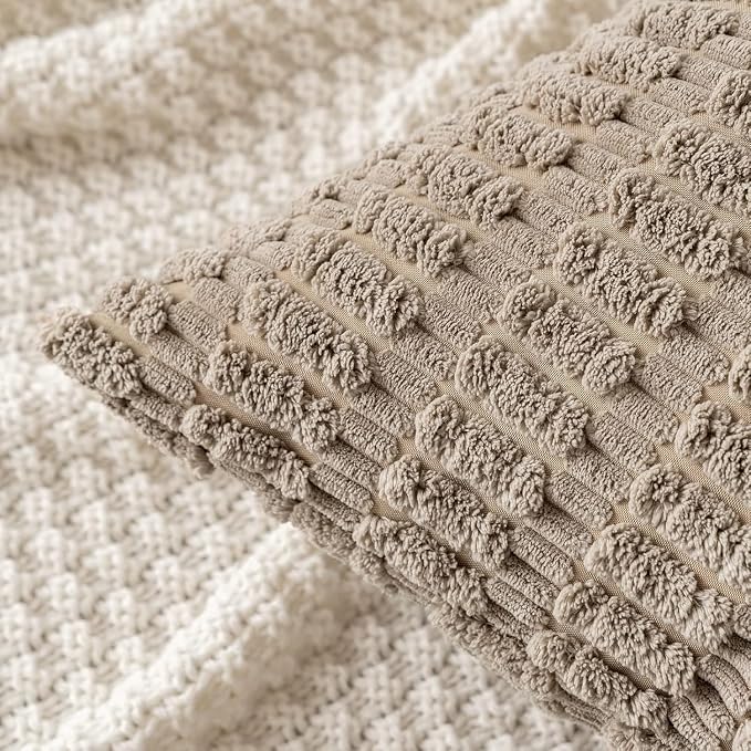 MIULEE Euro Sham Corduroy Decorative Throw Pillow Covers 22x22 Light Brown | Pack of 2 Soft Boho Striped Pillow Covers Modern Farmhouse Fall Home Decor For Sofa Living Room Couch Bed