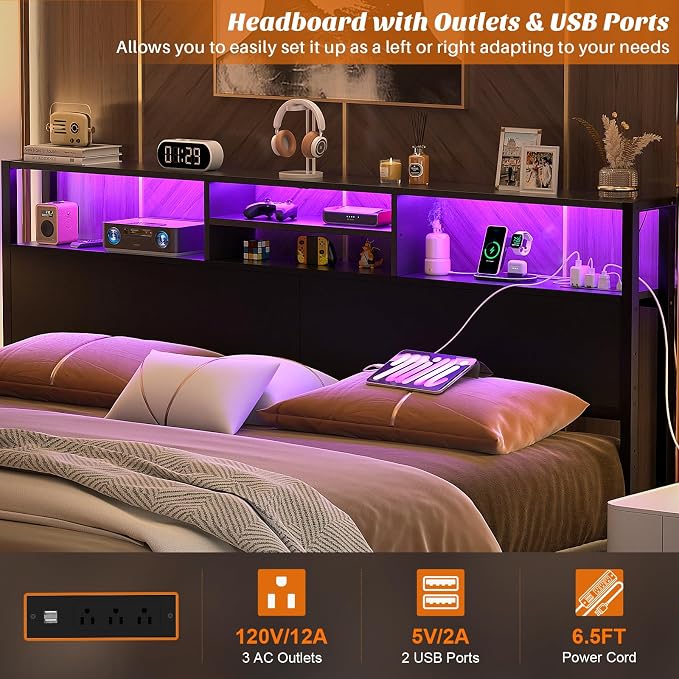 Aheaplus Headboard for King Size Bed with Storage, Headboards with Outlets | King Size Head Board Only, USB Ports and LED Light, Height Adjustable, Reversible, Sturdy and Stable Headboard, Black