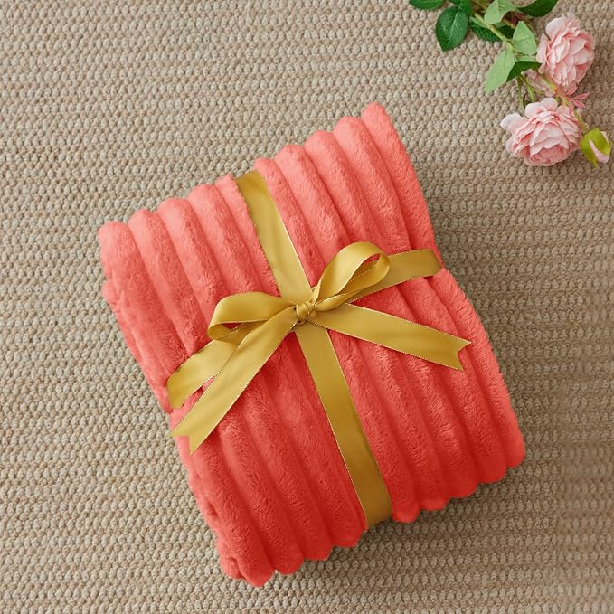 BEDELITE Striped Fleece Throw Blanket, Coral Red, 50"x60" | 300GSM Microfiber Fleece, Soft Cozy, Lightweight Warm, Double-Sided Plush, Machine Washable, Gift, Room Decor, for Couch Sofa