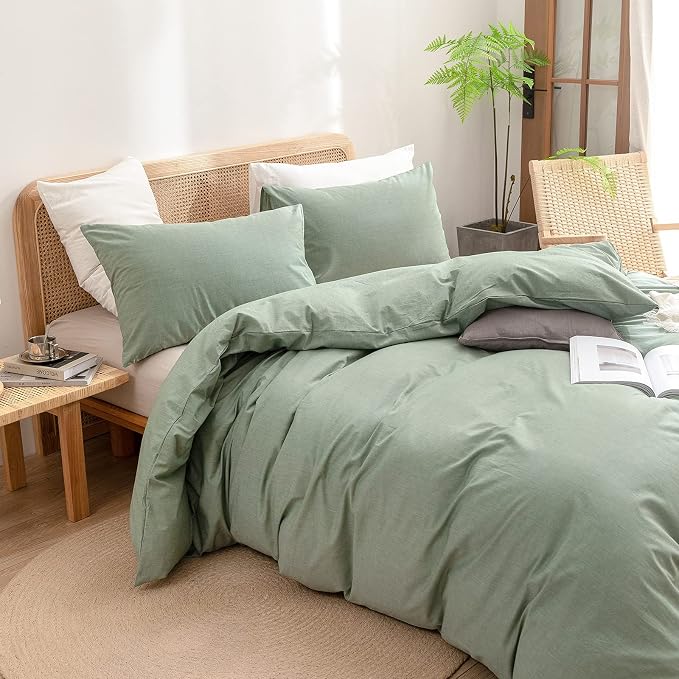 BESTOUCH Cotton Solid Duvet Cover Set Linen Feel Green Oversized King | 100% Washed Cotton, Soft Wrinkle Texture, Hidden Zipper, 8 Ties, Breathable Lightweight Durable Comfy, 3 Pcs No Insert