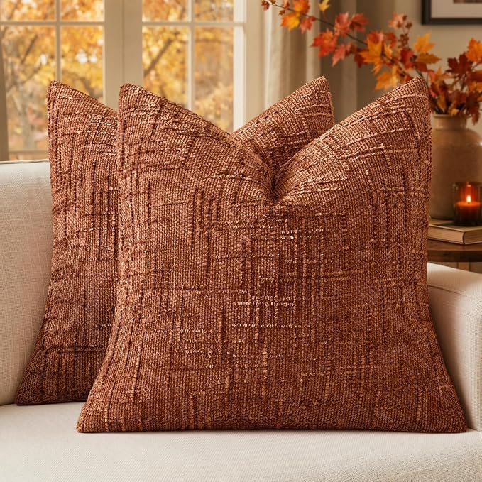 MIULEE Chenille Textured Fall Throw Pillow Covers Burnt Orange 18x18 | Set of 2, Slubby Decorative Pillows, Boho Farmhouse Home Decor, Modern Neutral Cushion Covers for Couch Sofa Bed Living Room