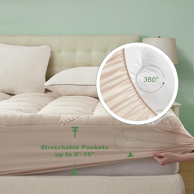 BEDLORE Full Size Mattress Topper Viscose Bamboo, Pillow Top Mattress Pad | Stretchable Pockets Fit 6"-15" Mattress, Soft Breathable Thick Mattress Topper for Back Pain Relief & Hot Sleepers(Beige)