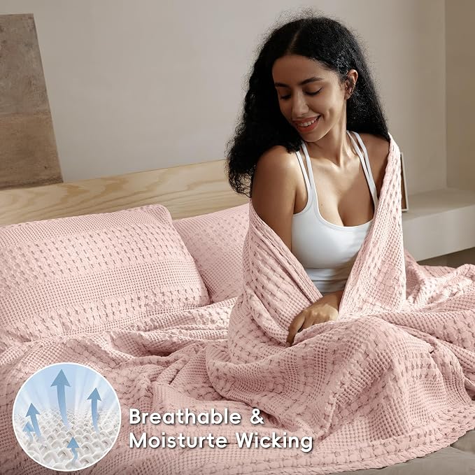 PHF Lightweight 100% Cotton Waffle Blanket for Bed, Twin XL, Pink | Pre-Washed Soft Cotton Comfort, Breathable Layering Warmth for Fall & Winter, Couch & Guest Room, Couch, Home Decor & Gifts