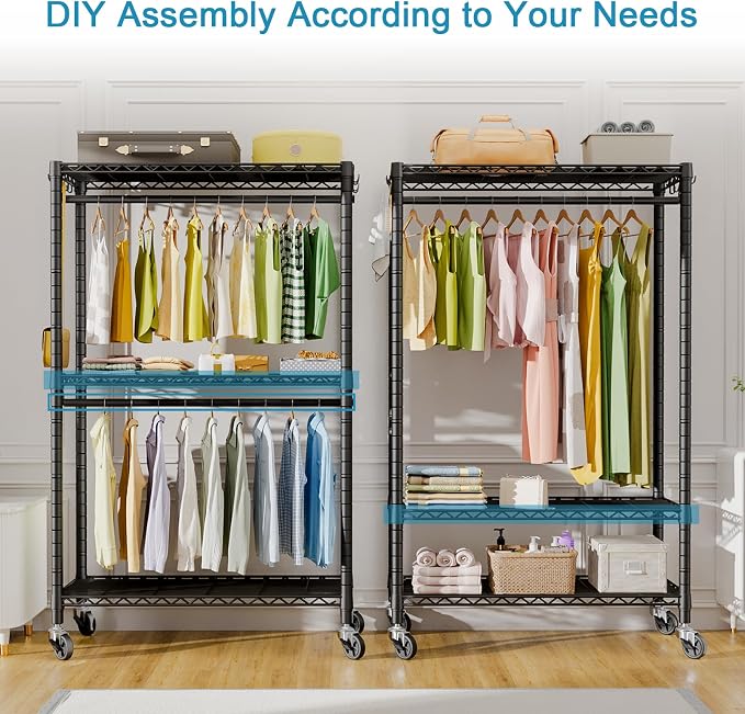 FUTASSI Rolling Clothes Rack, Clothing Racks for Hanging Clothes, Black | P3 Heavy Duty Garment Rack with Wheels, Freestanding Portable Closet Racks 39.4'' W x 14'' D x 78.5'' H, Max Load 470 LBS