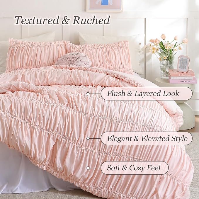 weigelia Blush Pink Ruched Comforter Set Full Size, Cute Girls Bedding Set | All Season, Soft Microfiber Comforter, Cozy Cinched Design for Home & Bedroom Decor (1 Comforter,2 Pillowcases)