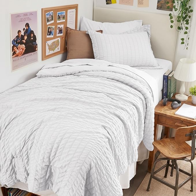 HYMOKEGE White Twin Comforter Set Seersucker 5 Pieces, All Season Luxury Bed in a Bag for Bedroom, Bedding Set with Comforters, Sheets, Pillowcase & Sham