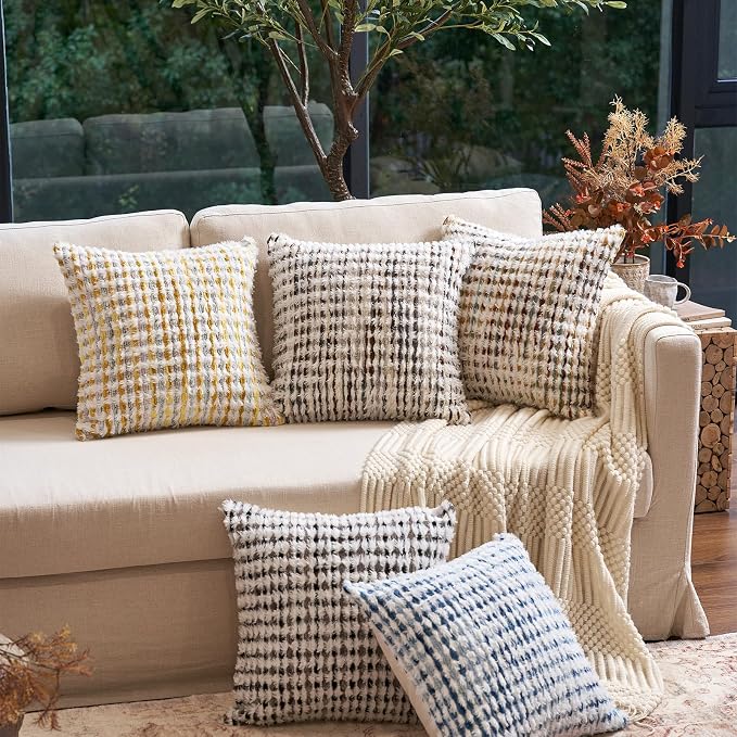 Aeckself Boho Chenille Tufted Pillow Cover 18 x 18 Inch, Decorative Square Throw Pillow Cover Neutral Pillowcase for Couch Bedroom Living Room, Brown White